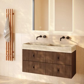 Muebles Murcia badmeubel ribbelfront 120cm walnoot met White Travertin wastafel zonder kraangaten
