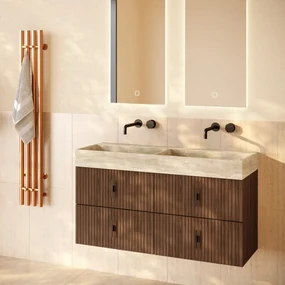 Muebles Murcia badmeubel ribbelfront 120cm walnoot met White Travertin wastafel zonder kraangaten