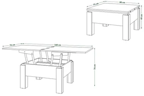 Mazzoni OSLO wit / zwart mat, uitklapbare salontafel met in hoogte verstelbaar blad