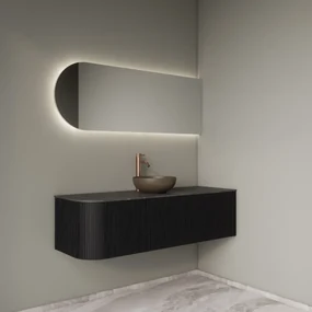 Gliss Design Alluro badmeubel ribbelfront met ronding links 140cm black en zwart leisteen toppaneel