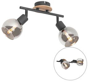 Plafondlamp zwart met smoke glas en hout 2-lichts - Vidro Modern E14 Binnenverlichting Lamp