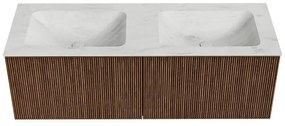 Mondiaz Kurve-dlux 130cm badmeubel walnut met 2 lades en wastafel leaf dubbel zonder kraangat opalo