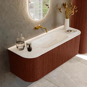 Mondiaz Kurve-dlux 130cm badmeubel ronding links/rechts ruby met 1 lade en 2 deuren en wastafel big small midden zonder kraangat ostra