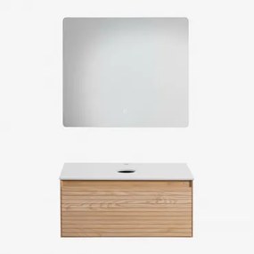 Tedrik Zwevend Badkamermeubelset 80x50 Cm In Essenhout Ash Brown & Without Sink & Rechthoekige Led En Anticondens 80x70 Cm Riben & Zonder Kraan -