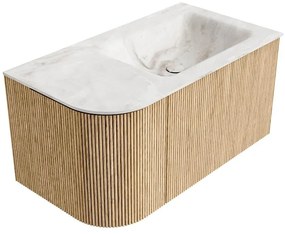 Mondiaz Kurve-dlux 85cm badmeubel ronding links oak met 1 lade en deur en wastafel cloud rechts zonder kraangat frappe