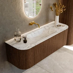 Mondiaz Kurve-dlux 140cm badmeubel ronding links/rechts walnut met 1 lade en 2 deuren en wastafel big small midden zonder kraangat glace