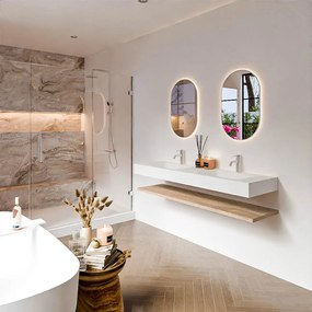 Zaro Alan badmeubel 160cm met planchet washed oak en vrijhangende wastafel cloud dubbel 2 kraangaten talc