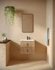 Muebles Marbella badmeubel ribbelfront 60cm warm eiken met witte wastafel met kraangat