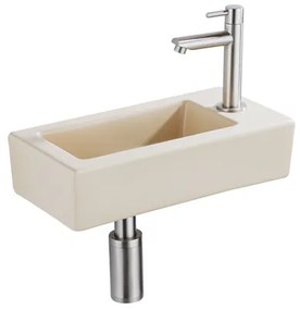 QeramiQ Fuente Fonteinset - 37.5x18.5x9cm - keramiek - kraangat rechts - fonteinkraan geborsteld RVS - afvoerplug - verlaagd sifon - Mat Beige SW1122448/SW696207/SW696217/SW696237