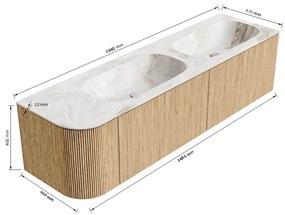 Mondiaz Kurve-dlux 165cm badmeubel ronding links oak met 2 lades en 1 deur en wastafel stor small dubbel/rechts zonder kraangat glace