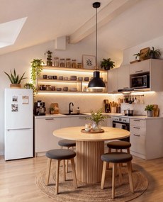 Mazzoni ZOI Taupe Beige (stof Storm 26)/eiken onderstel - RONDE GESTOFFEERDE KRUK VOOR KEUKEN/WOONKAMER