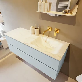 Mondiaz Vica DLux badmeubel 130cm clay 2 lades met wastafel ostra rechts zonder kraangat