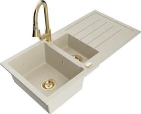 Mexen Andres 1,5-kompartement granieten gootsteen met afdruiprek en keukenmengkraan Elia, beige - 6515-69-670101-50