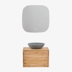 Deleyna Wandgemonteerde Houten Badkamermeubelset Natuurlijk Hout & Rond Grijs Cement Ø40 Cm Tarsis & Vierkant Led En Anticondens 75x75 Cm Riben -