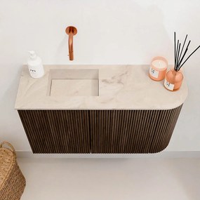 Mondiaz Joya DLux 70cm toiletmeubel ronding rechts walnut met wastafel faye links zonder kraangat frappe