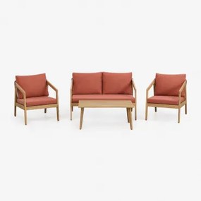 Tuinset Met 2-zitsbank, 2 Fauteuils En Salontafel In Acaciahout En Gevlochten Touw Kaela Rode Dakpan & Lichte Acaciekleur - Sklum