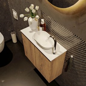 Mondiaz Fowy toiletmeubel 60cm washed oak met witte waskom rechts en kraangat