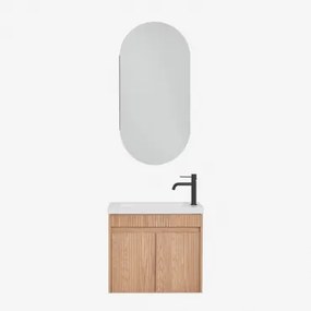 Narek Zwevend Houten Badkamermeubelset Met Geïntegreerde Wastafel Ovaal Met Opbergruimte 45x90 Cm Abner & Ash Brown & Mat Zwart ↑20 Cm Met Afvoerkraan