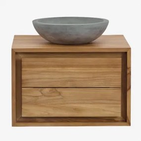Jabari Zwevend Badkamermeubelset Van Teakhout Teakhout & Rond Grijs Cement Ø40 Cm Tarsis & Spiegelloze & Zonder Kraan - Sklum
