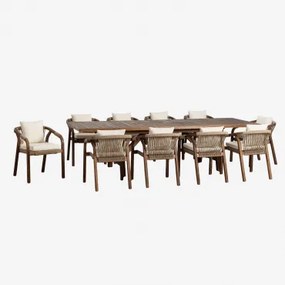 Rechthoekige Uitschuifbare Tafel 200-260-320x100 Cm En 10 Tuinstoelen Met Armleuningen Van Acaciahout Dubai Stof Gardenia Wit & Donker Acaciabruin -