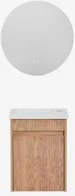 Narek Zwevend Houten Badkamermeubelset Met Geïntegreerde Wastafel Zonder Kraan & Ash Brown & ↔︎ 40 Cm & Round Led And Antifog Ø50 Cm Rib - Sklum
