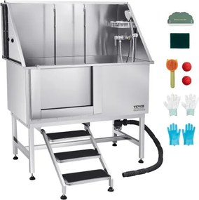 VEVOR Hondenwasstation van roestvrij staal, 1270x700x1545 mm, trimbad voor huisdieren met trap, PE-waterfilterplaat, kraan, douchekop en zeephouder, voor grote, middelgrote en kleine huisdieren (linkerdeur)
