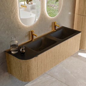 Mondiaz Kurve 145cm badmeubel ronding links oak met 1 lade en deur en wastafel cloud dubbel/rechts 2 kraangaten urban