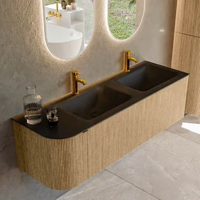 Mondiaz Kurve 145cm badmeubel ronding links oak met 1 lade en deur en wastafel cloud dubbel/rechts 2 kraangaten urban