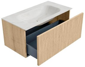 Mondiaz Kurve-dlux 90cm badmeubel oak met 1 lade en wastafel big small midden 1 kraangat ostra