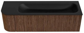 Mondiaz Kurve 145cm badmeubel ronding links walnut met 1 lade en deur en wastafel big large rechts 2 kraangaten urban