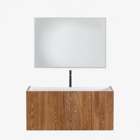 Badkamermeubelset In Hout Met Geïntegreerde Wastafel Fiore Donker Hout & Rechthoekige Led En Anticondens 100x70 Cm Riben & Zwart - Sklum