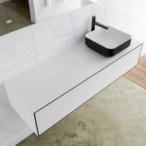 Zaro Lagom volledig naadloos solid surface onderkast met topblad 140cm mat zwart met 1 lades Push tot open. Compleet met solid surface opzetkom met 1 kraangat(en)