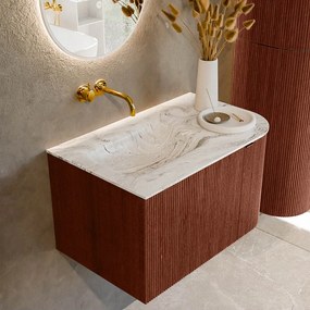Mondiaz Kurve-dlux 75cm badmeubel ronding rechts ruby met 1 lade en deur en wastafel grunne links zonder kraangat glace