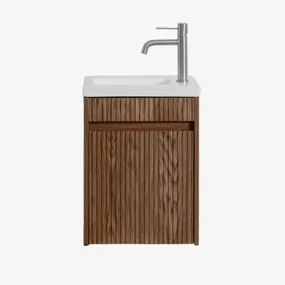 Badmeubelset Hout Met Geïntegreerde Wastafel Narek Donker Hout & Spiegelloze & Chroom ↑20 Cm Met Aftapkraan Zonder Overloop - Sklum