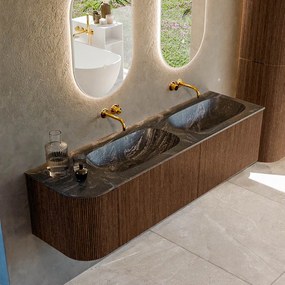 Mondiaz Kurve-dlux 165cm badmeubel ronding links walnut met 2 lades en 1 deur en wastafel stor small dubbel/rechts zonder kraangat lava