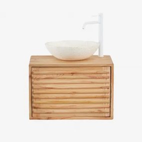 Deleyna Wandgemonteerde Houten Badkamermeubelset Natuurlijk Hout & Rond Cement Wit Ø40 Cm Zavion & Spiegelloze & Wit ↑30 Cm - Sklum