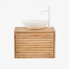 Hangend Badkamermeubelset 60x45 Cm In Hout Deleyna Natuurlijk Hout & Rond Cement Wit Ø40 Cm Zavion & Spiegelloze & Wit ↑30 Cm Met Aftapkraan Zonder Ov