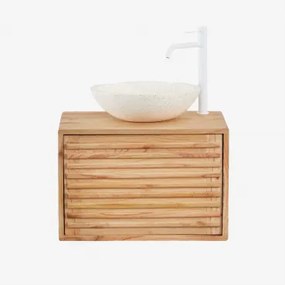 Hangend Badkamermeubelset 60x45 Cm In Hout Deleyna Natuurlijk Hout & Rond Cement Wit Ø40 Cm Zavion & Spiegelloze & Wit ↑30 Cm - Sklum