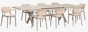 Uitbreidbare Rechthoekige Eettafelset 240-300x100 Cm Karena En 8 Stapelbare Eetkamerstoelen Met Armleuningen Omara Moka Bruin - Sklum
