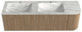 Mondiaz Kurve-dlux 145cm badmeubel ronding rechts dusk met 1 lade en deur en wastafel leaf dubbel/links 2 kraangaten opalo