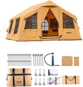 VEVOR Opblaasbare kampeertent voor 8-12 personen met handpomp, 4,8 x 3,6 x 2,2 m Glampingtent met 2 dakramen, luifel, kachelaansluiting, 2 deuren en gaasramen, opbergtas