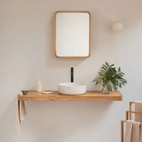 Conjunto Van Meubel 130x45 Cm Hangend In Teakhout Neill Teakhout & Rond Keramiek Wit Ø40 Cm Lenka & Mat Zwart ↑30 Cm Met Afvoerkraan Zonder Overloop O
