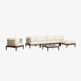 Tuinset Met Modulaire Hoekbank Van 4 Delen, Salontafel, Poef En Fauteuil In Acacia Giulia Beige – Crème - Sklum