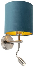 LED Wandlamp staal met leeslamp en kap velours 20/20/20 blauw Modern E27 rond Binnenverlichting Lamp