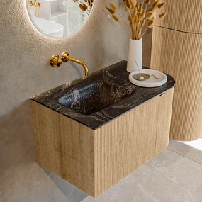 Mondiaz Kurve-dlux 75cm badmeubel ronding rechts oak met 1 lade en deur en wastafel grunne links zonder kraangat lava