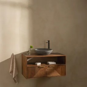 Baty Mangohouten Badkamermeubelset Mangohout & Rond Grijs Cement Ø40 Cm Tarsis & Spiegelloze & Zwart ↑30 Cm Met Aftapkraan Zonder Overloop Alameda -