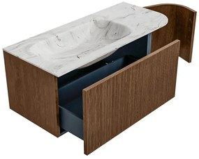 Mondiaz Kurve-dlux 105cm badmeubel ronding rechts walnut met 1 lade en deur en wastafel big small links zonder kraangat glace