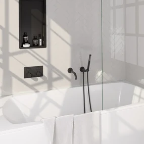 Brauer Black Carving thermostatische inbouw badkraan met uitloop en staafhanddouche set 3 zwart mat