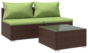 vidaXL 3-delige Loungeset met kussens poly rattan bruin