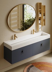 Muebles Calas badmeubel ribbelfront 160cm marine blauw met solid surface wastafel met kraangaten